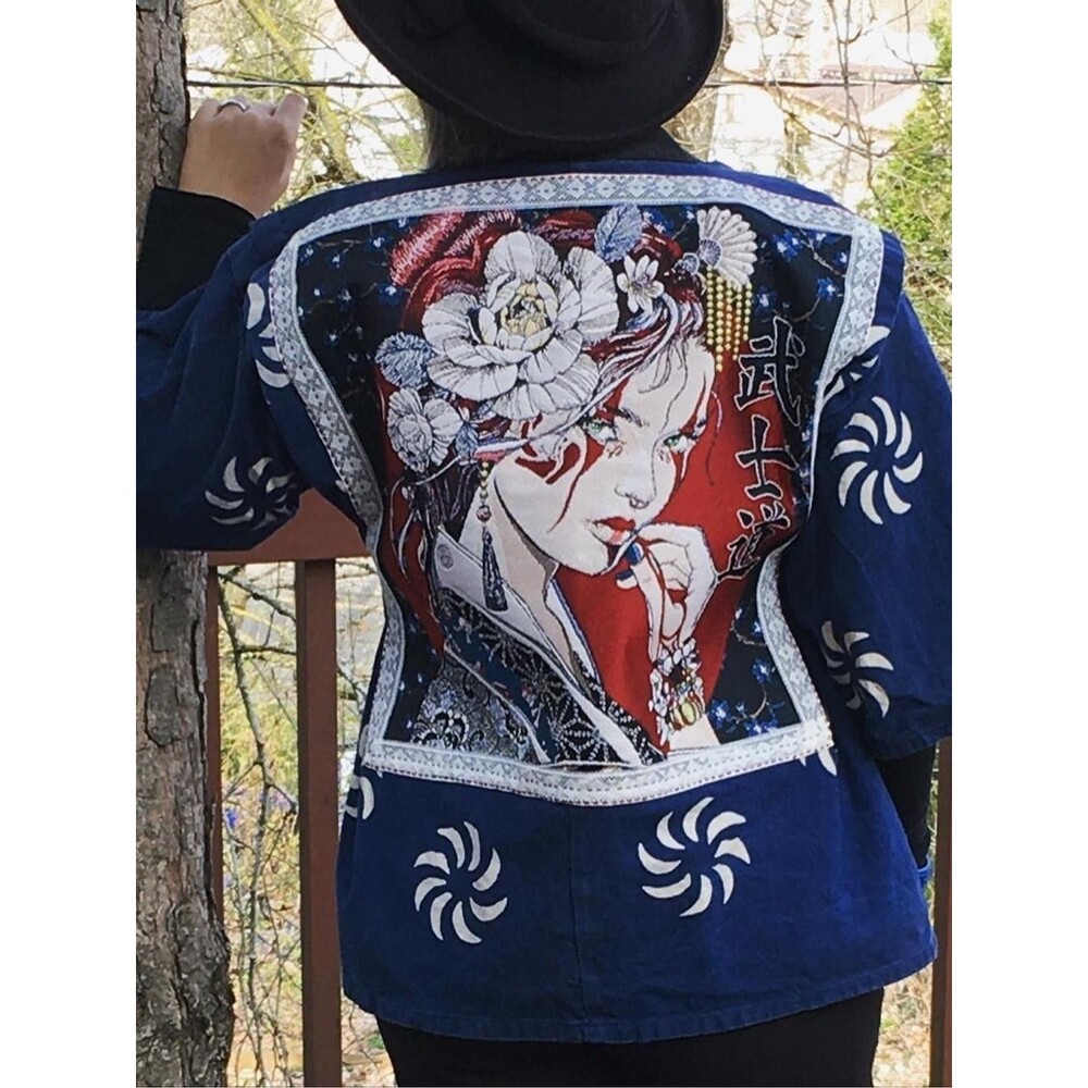 Japanese Happi Coat Kimono Jacket Navy Reworked Geisha Bushido Back Patch Size M